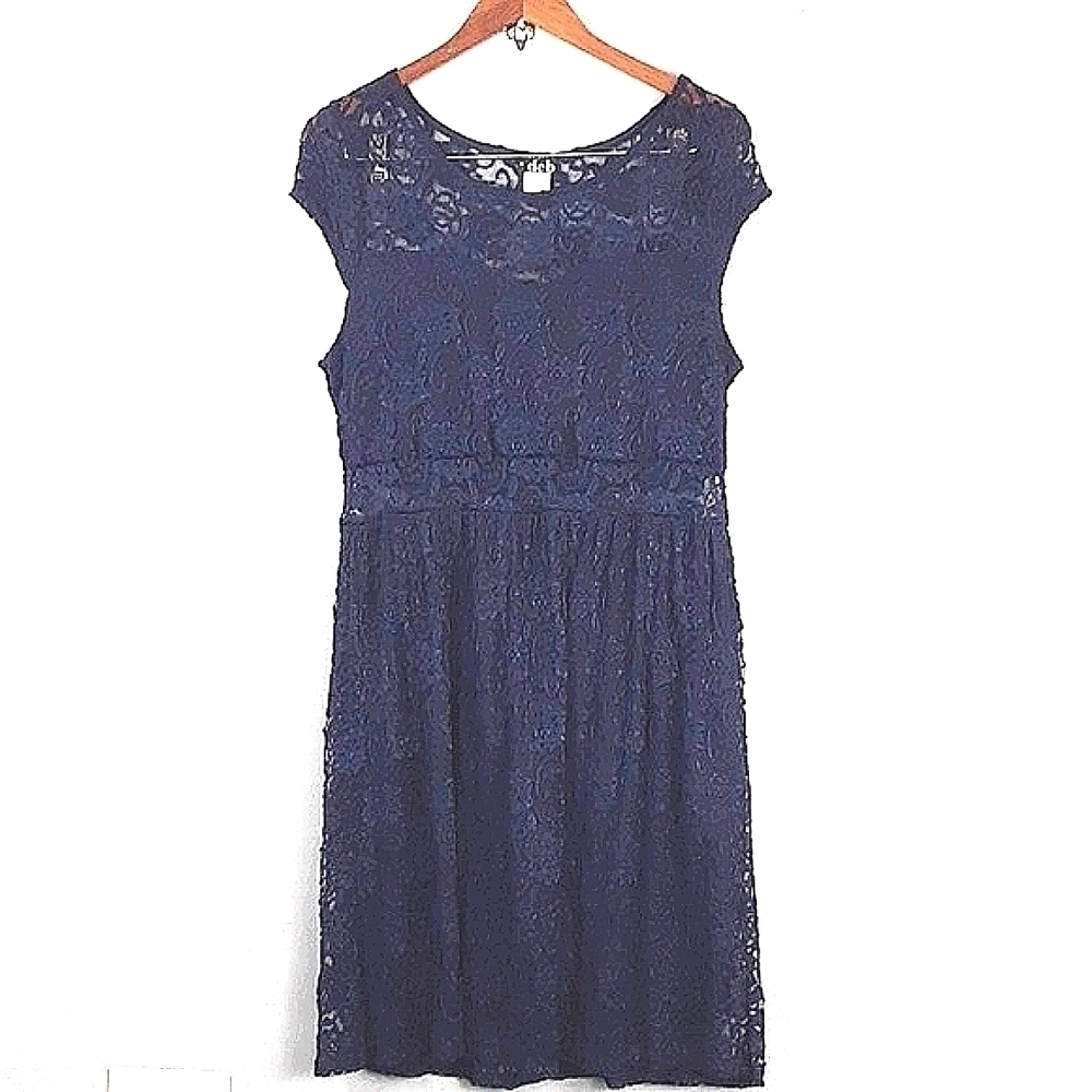 Deb Vintage Navy Lace Cap Sleeve Sheer Belly Mini Shift Dress